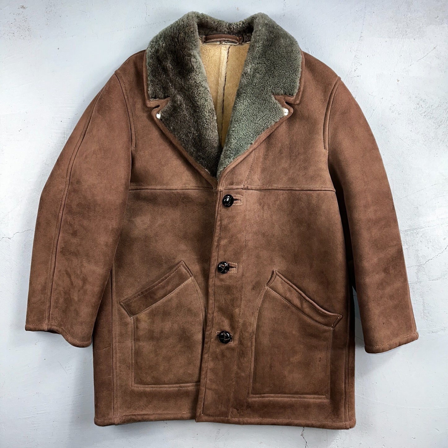 VTG Mens Coat Suede 60s Western Ranch Trucker Jacket Fur Sherpa 44 Brown 1960s