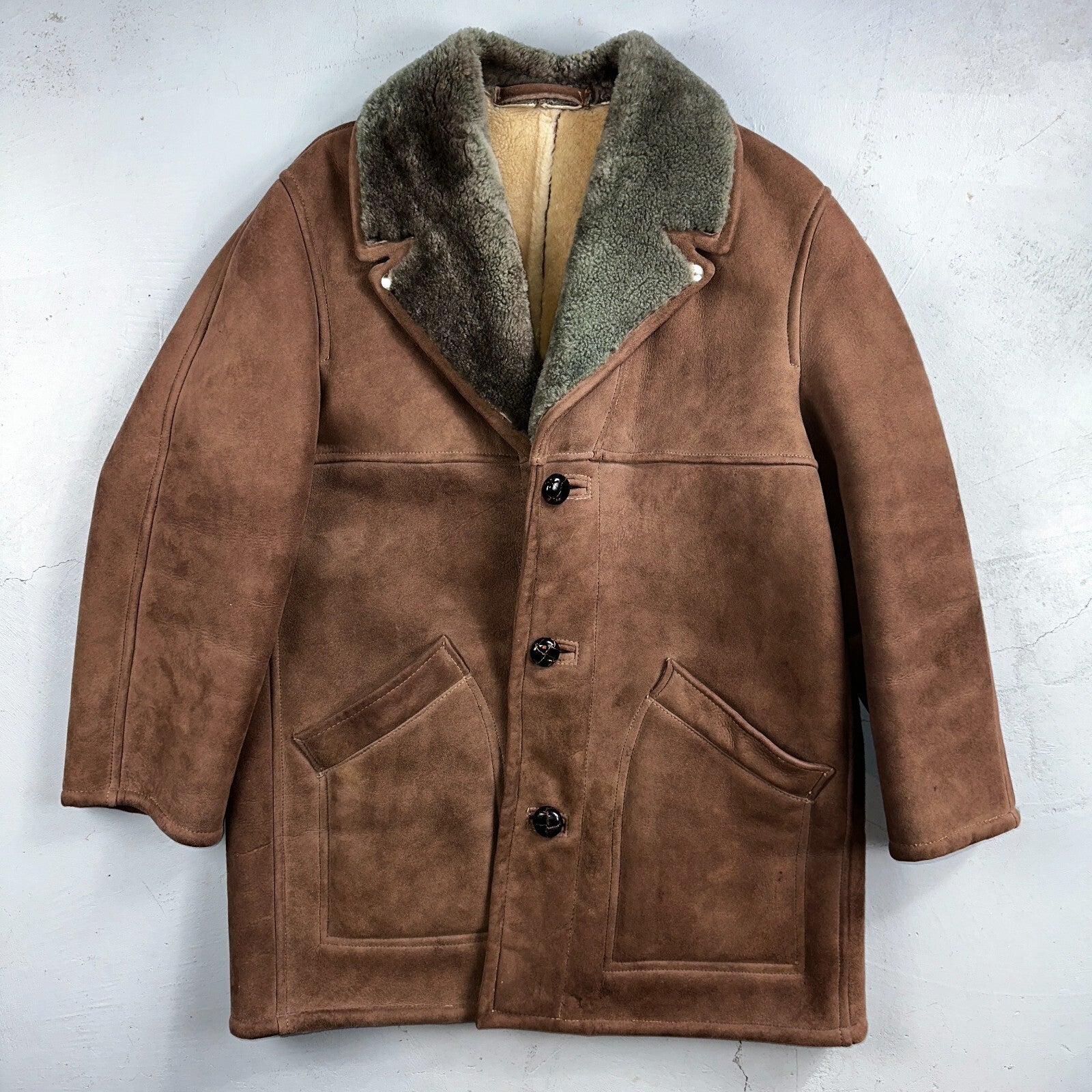 VTG Mens Coat Suede 60s Western Ranch Trucker Jacket Fur Sherpa 44 Brown 1960s