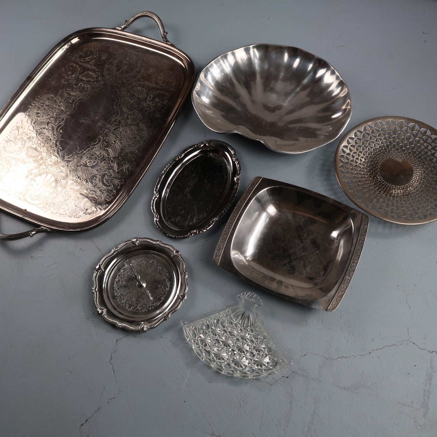 Vintage Baroque Victorian Not Silver Plated Platter Collection Lot Fancy Trays