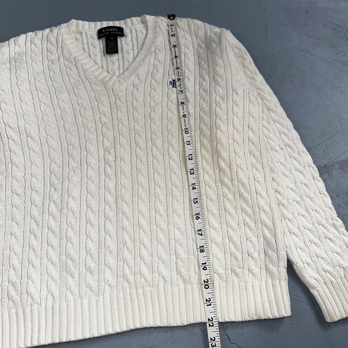 Lauren Ralph Lauren White Cable Knit V Neck Pullover Sweater Womens M Cotton