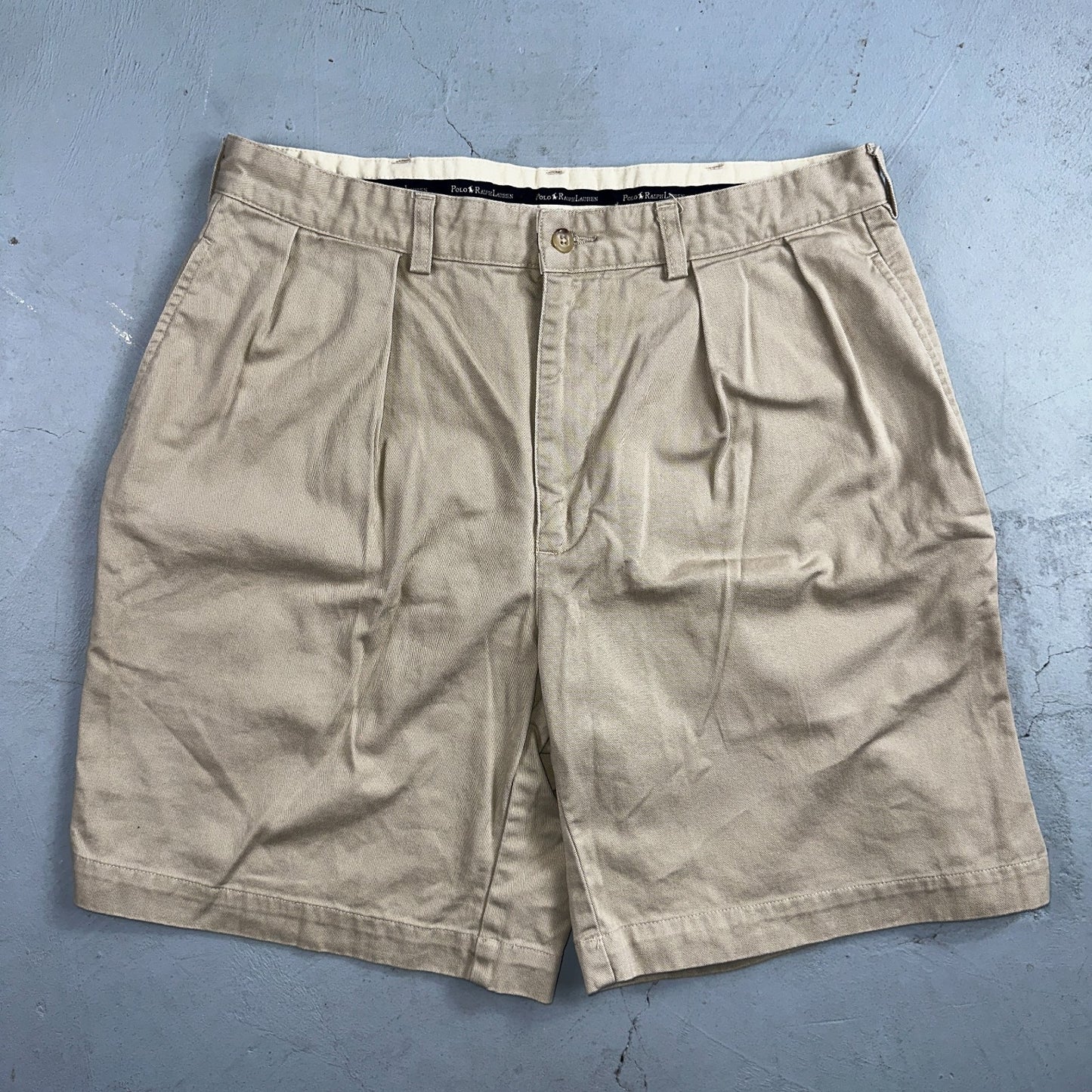 Polo Ralph Lauren Chino Pleated Shorts Mens 34 Beige Khaki 100% Cotton Vintage