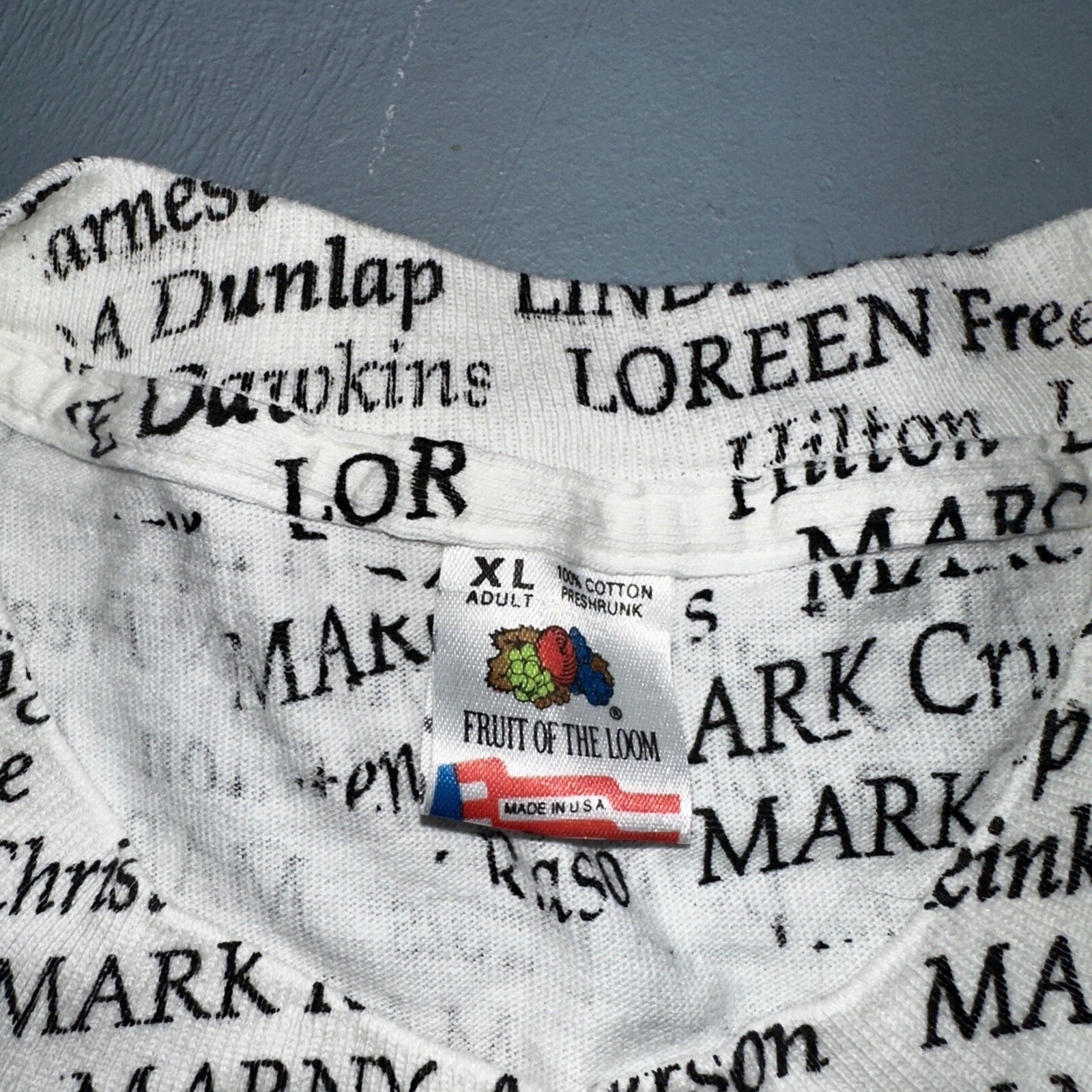 AOP All Over Print Funny Names 90s VTG T Shirt Huge Graphic Single Stitch White