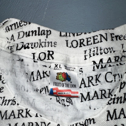 AOP All Over Print Funny Names 90s VTG T Shirt Huge Graphic Single Stitch White