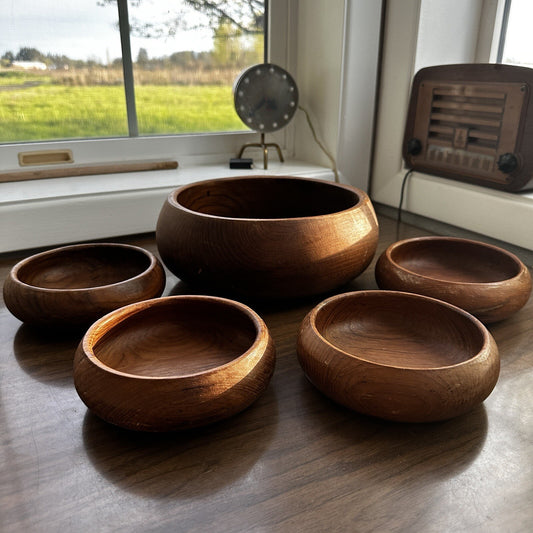 Vintage MCM Teak Wood Salad Bowls and Serving Bowl Set 5 Handmade Walnut Color