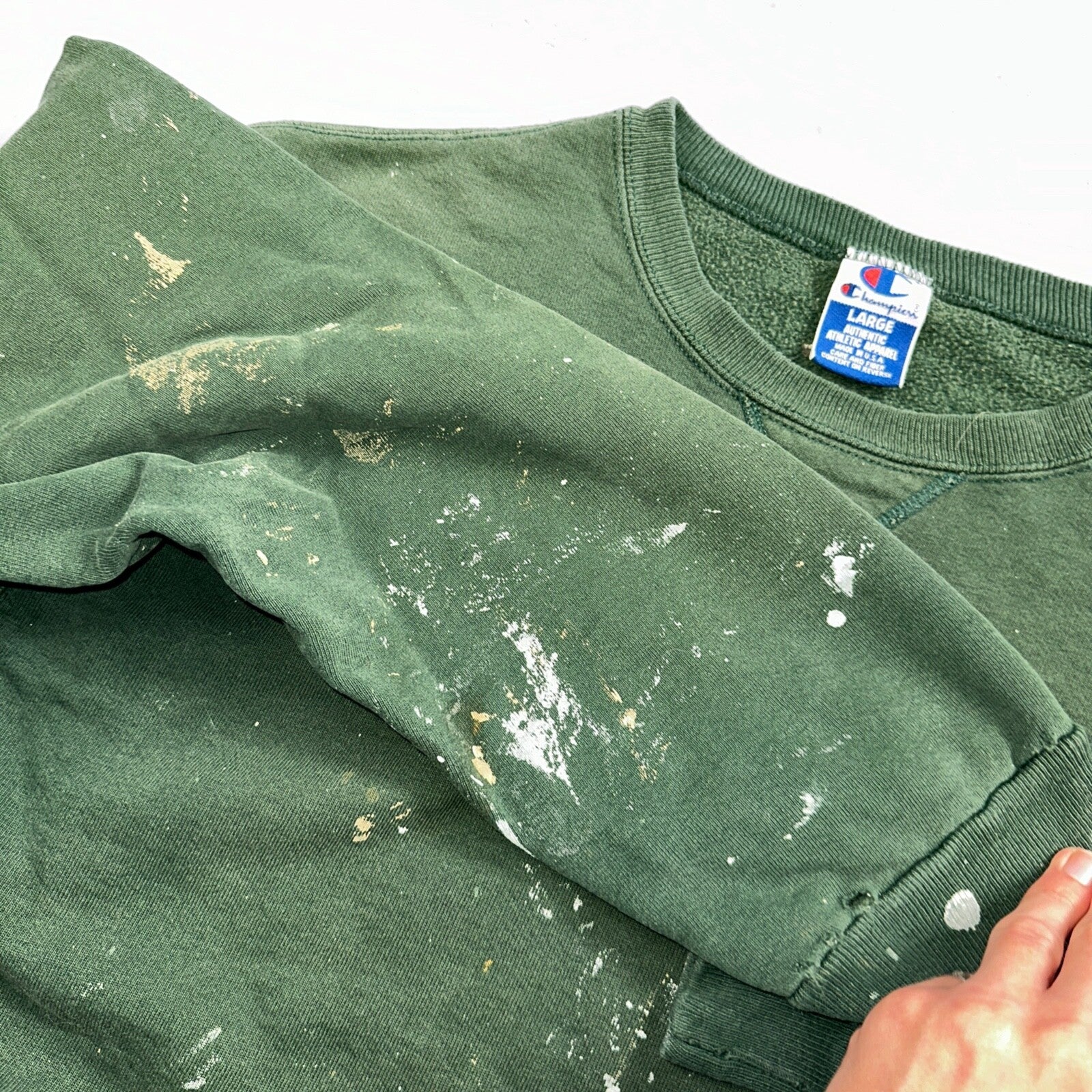Champion 90s USA Sweatshirt VTG Crewneck Green Thrashed Paint Stained Large