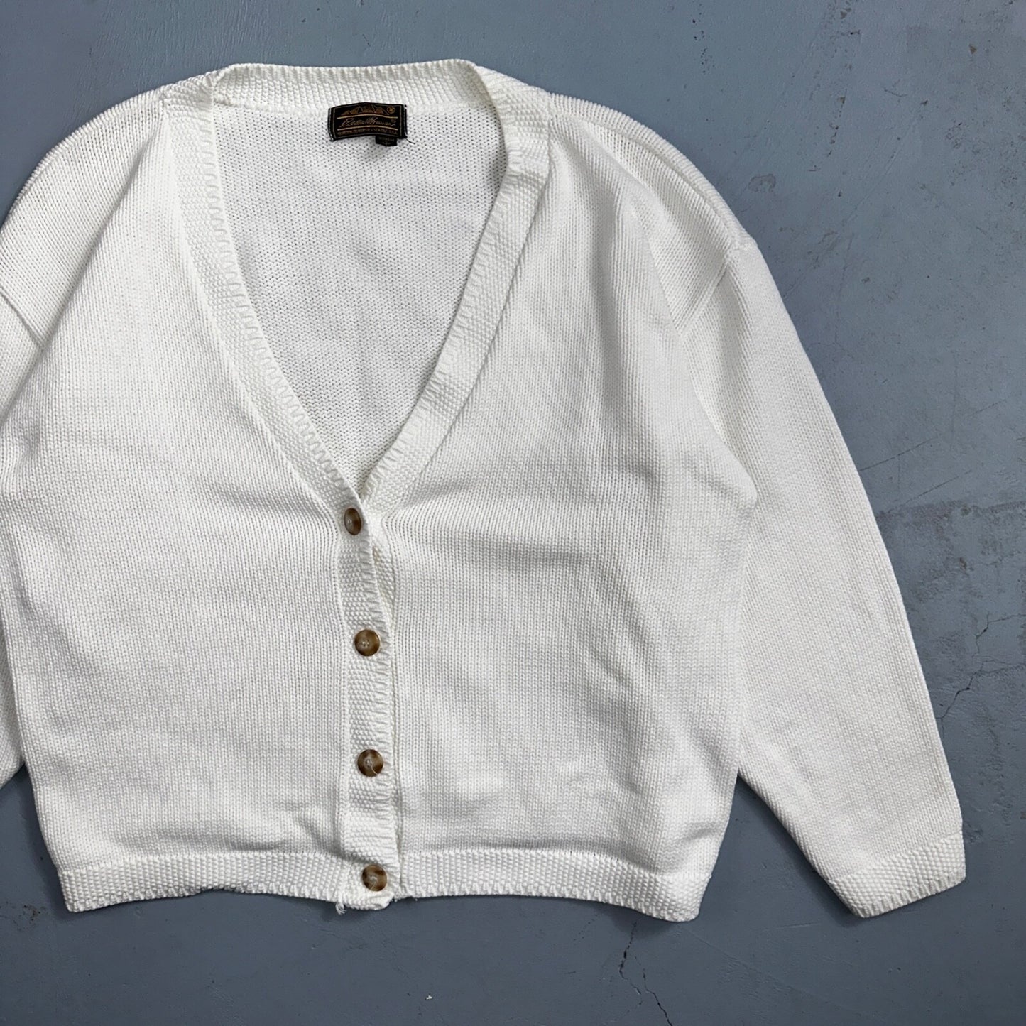 Vintage Eddie Bauer Sweater Cardigan Womens L Fair Isle Cotton White Basic