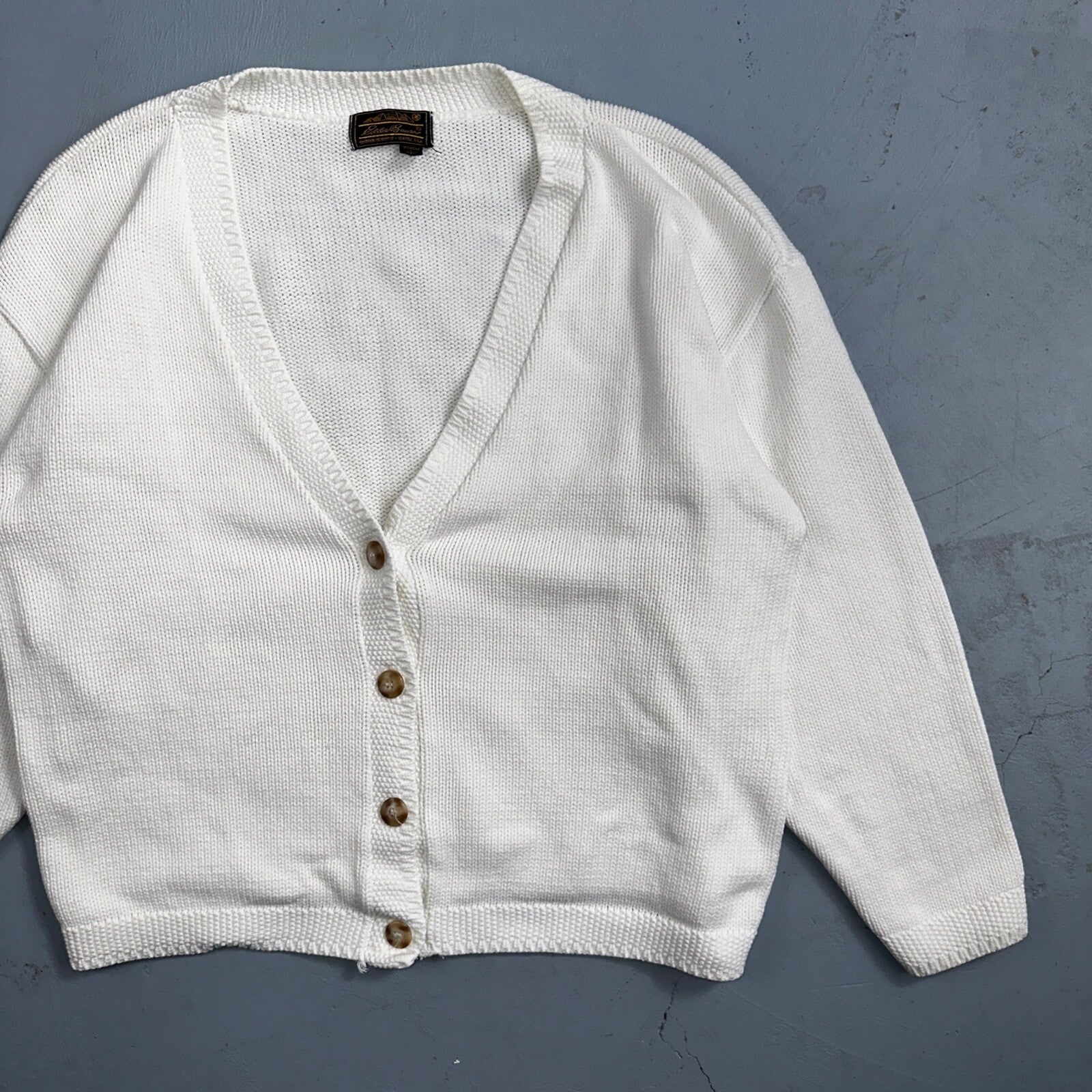 Vintage Eddie Bauer Sweater Cardigan Womens L Fair Isle Cotton White Basic