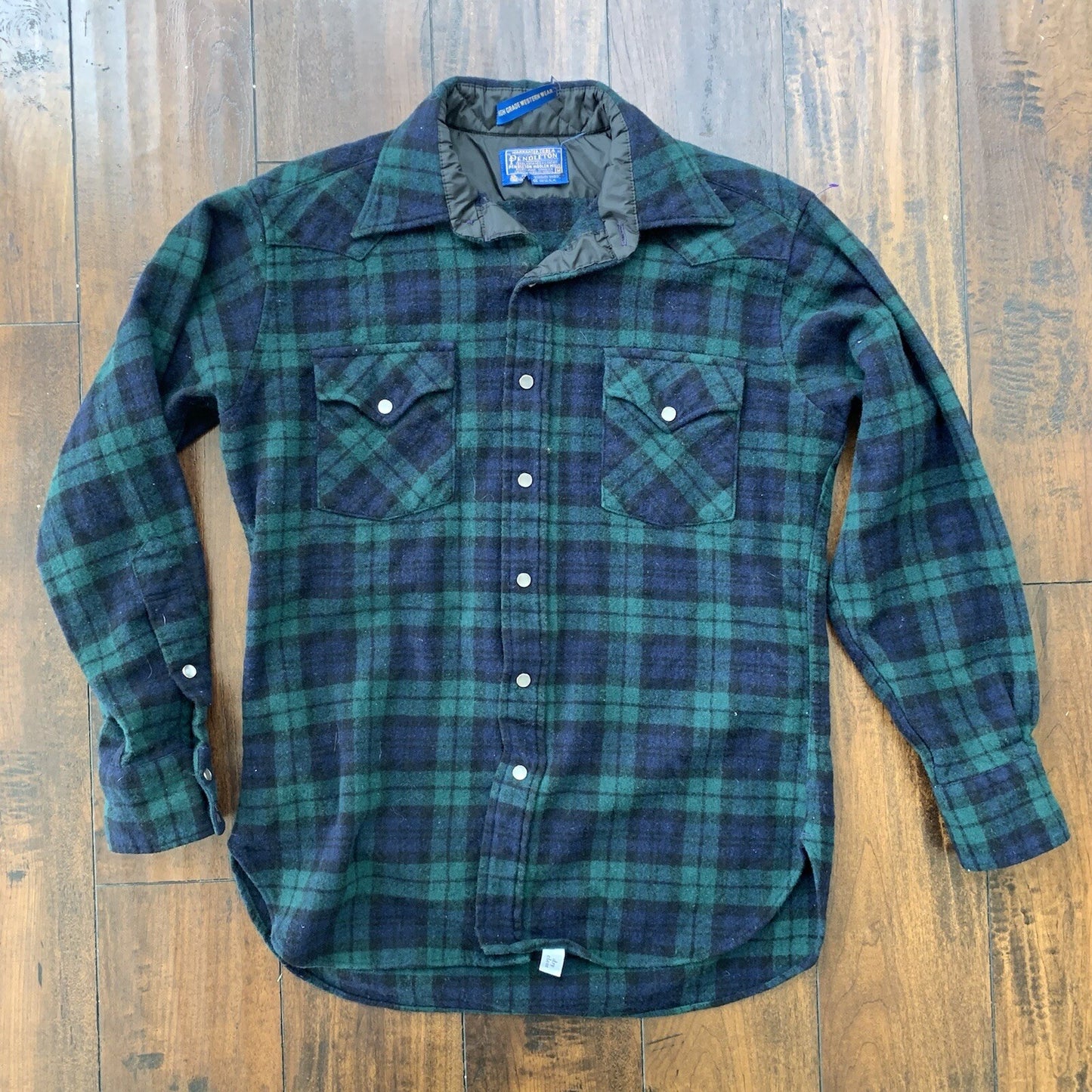 Pendleton Wool Plaid Shirt Western Wear VTG USA Green Pearl Snap Flannel 70s