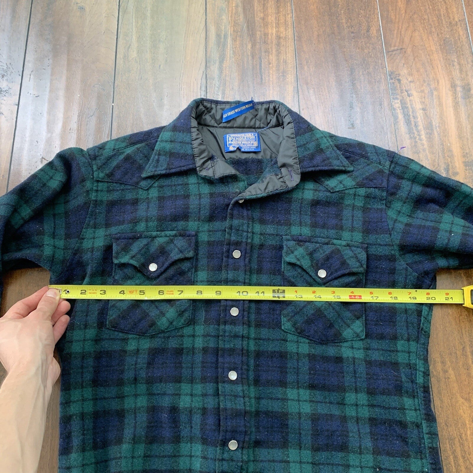 Pendleton Wool Plaid Shirt Western Wear VTG USA Green Pearl Snap Flannel 70s