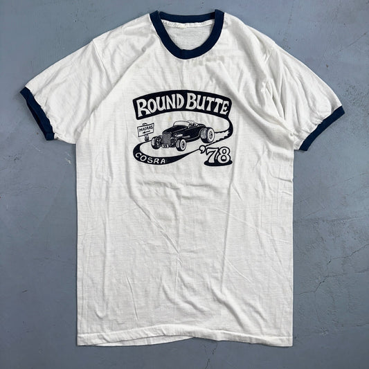 Round Butte Oregon 1970s VTG T Shirt 1978 Rockabilly Ringer Cars Hot Rod PDX Art
