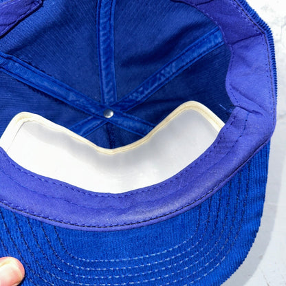 Steel Fab Blue Corduroy VTG Hat Cap Snapback Alaska USA Trucker Ocean Cool