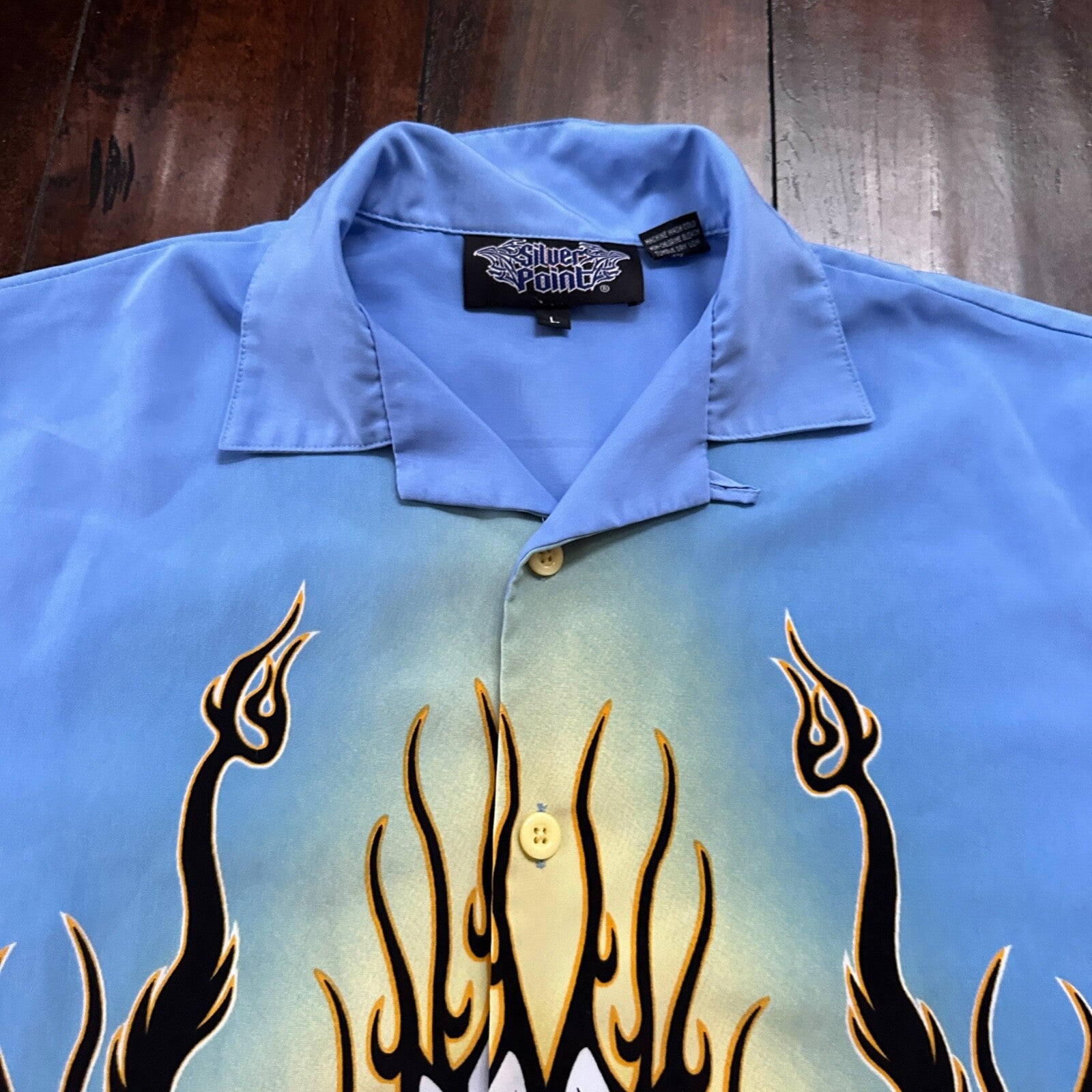 VTG Y2K Silver Point Blue Tribal Button Down Shirt Size L 1980s Ricky Trailer