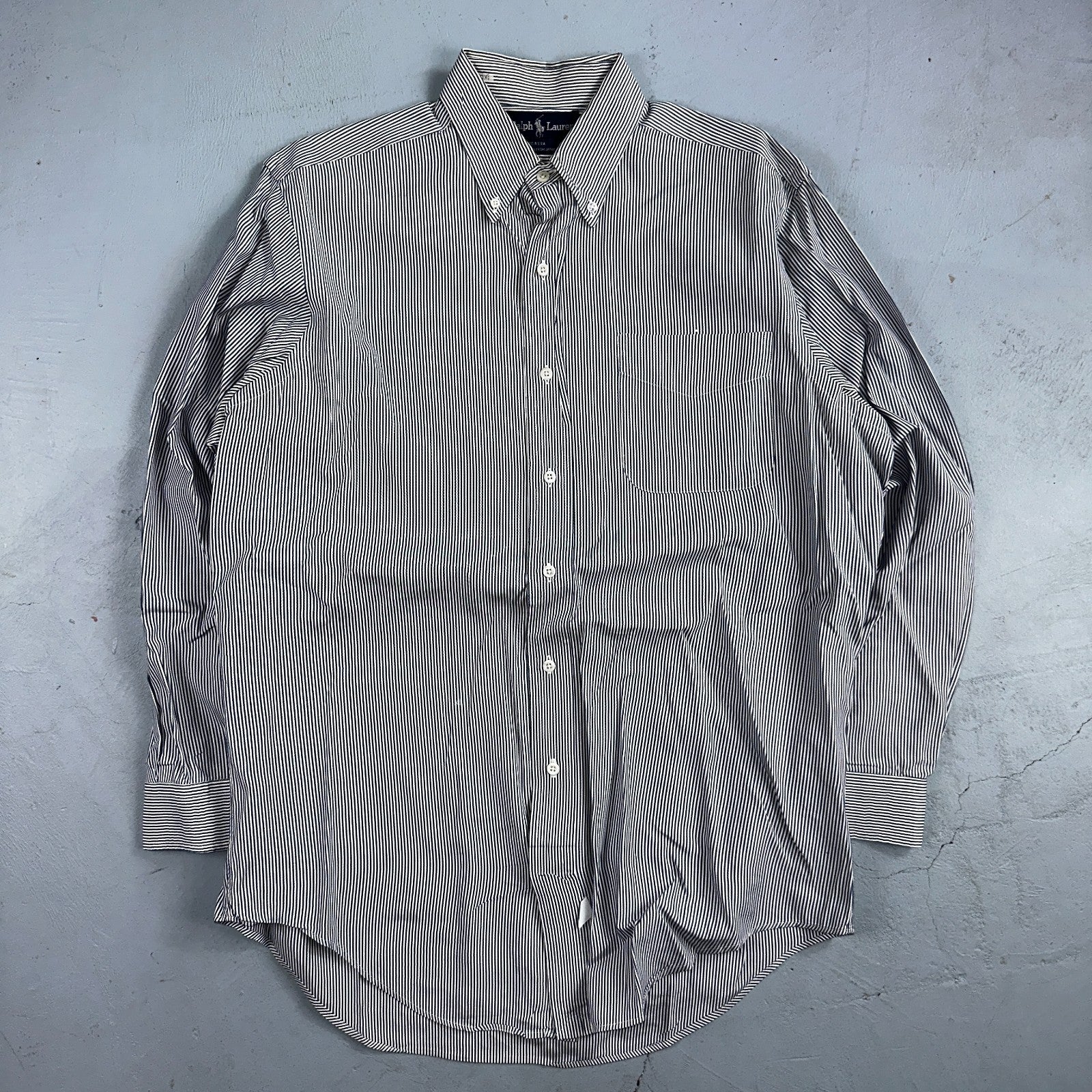 Polo Ralph Lauren Shirt 15.5 White Navy Striped USA Japan Button Up Long Sleeve