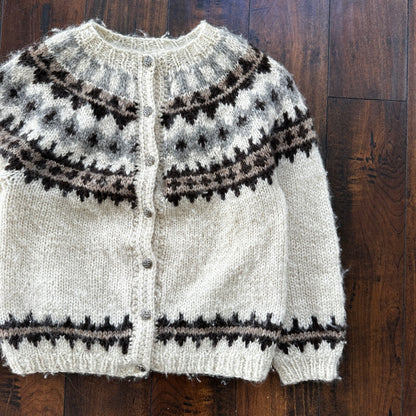 VTG Cardigan Sweater WOOL? Scandinavian Snowflakes Heavy Warm 80s Cute