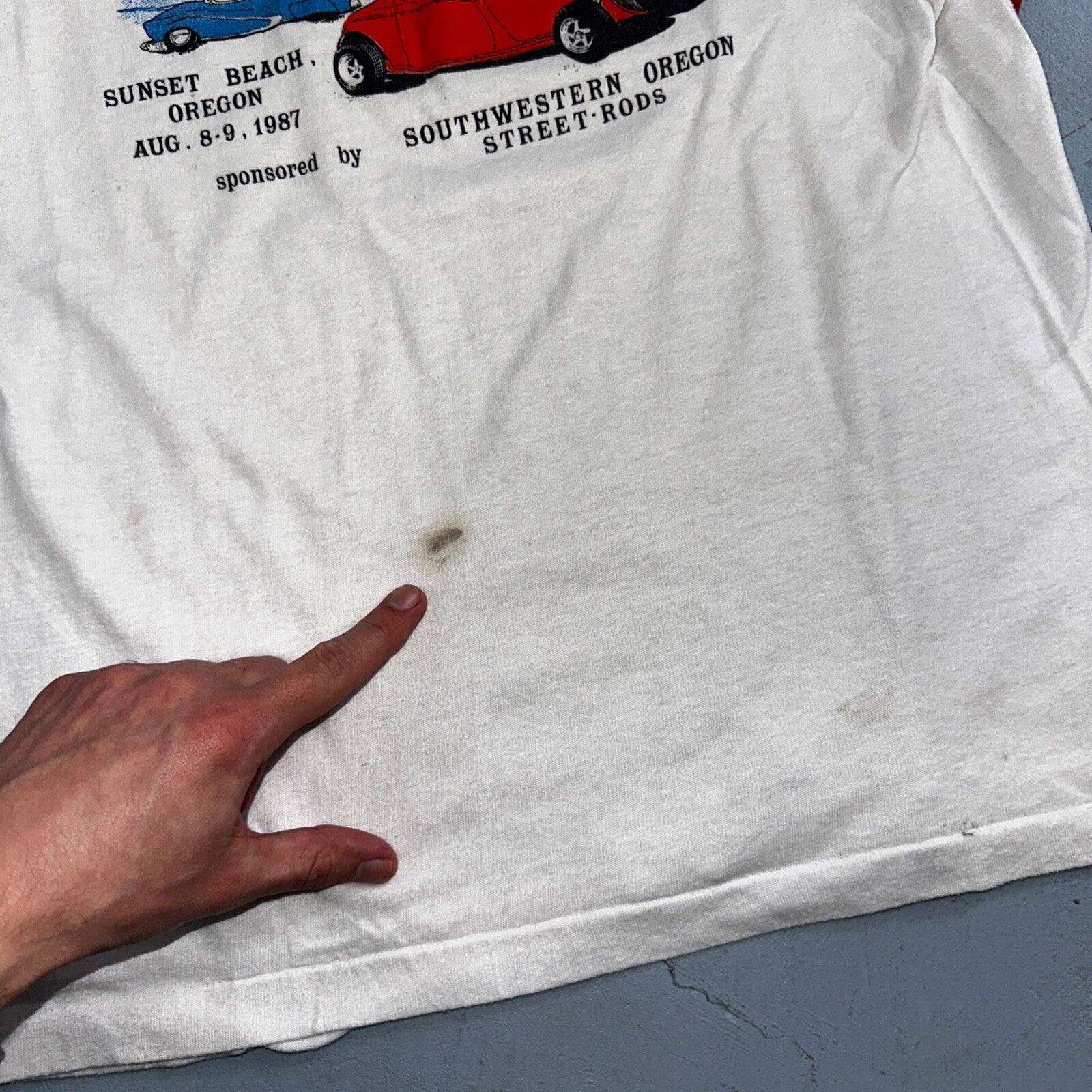 Cars Sandblast 1987 VTG T Shirt Sunset Beach Street Rods Ringer Oregon Graphic