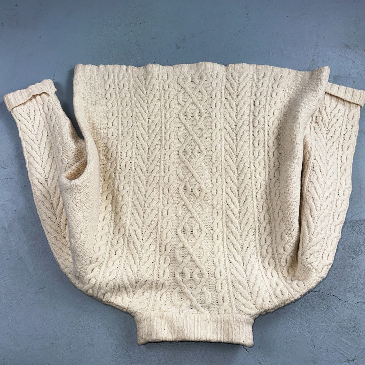 Aran Crafts Ireland Ivory Merino Wool Cable Knit Fisherman Sweater XL 1/4 VTG