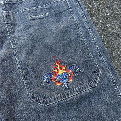 VTG JNCO Jeans Men's 38x32 Y2K Skater Wide Leg Flaming Snakes Skate Emo Grunge