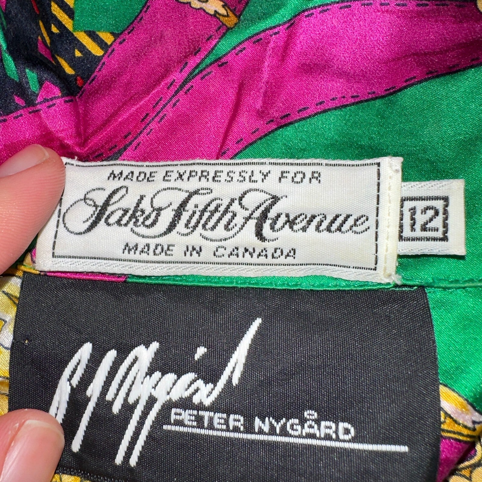 Peter Nygard Shirt Womens 12 Gold Green Silk Abstract VTG 80s Saks Fifth Avenue