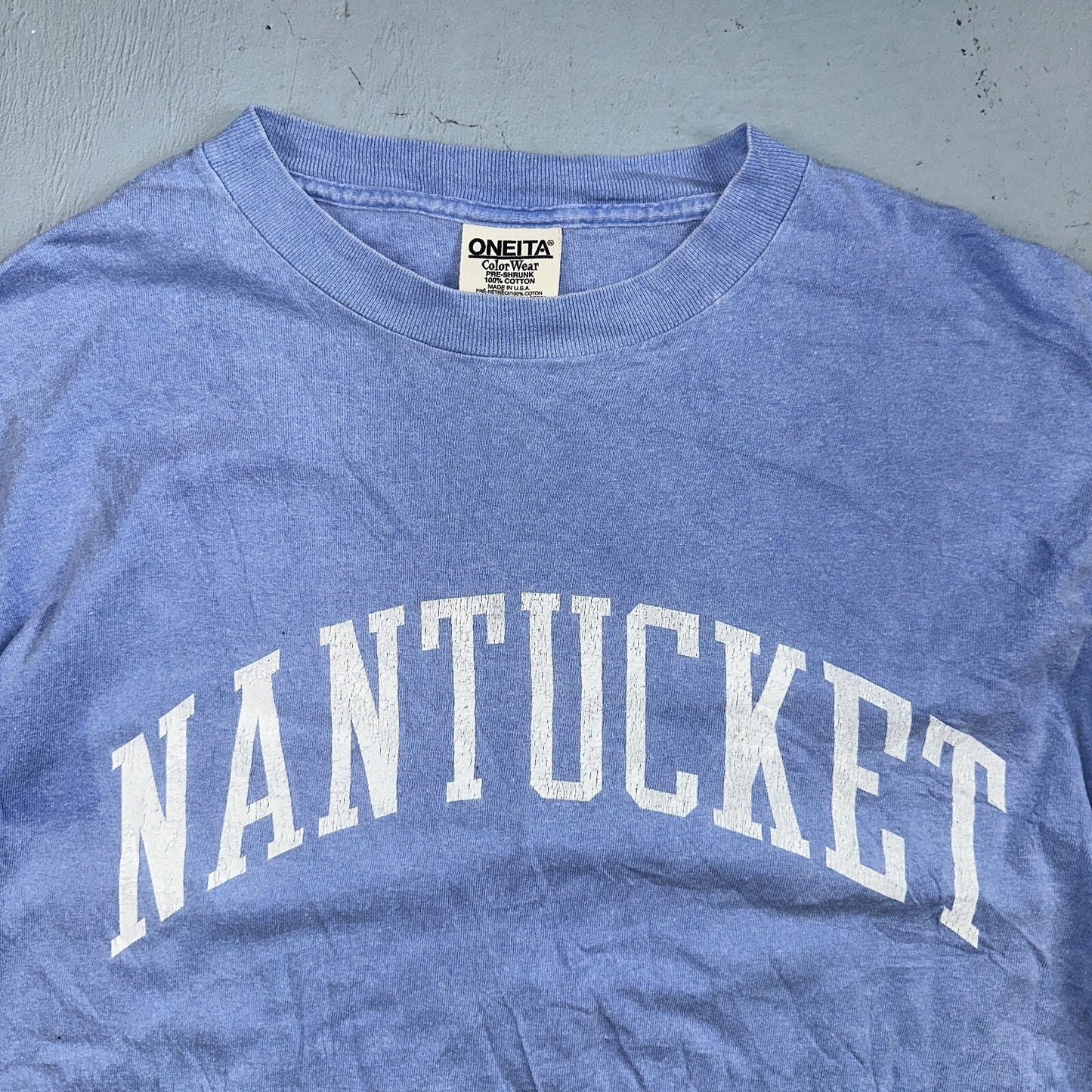 Oneita Nantucket VTG T Shirt USA Boston Simple Script Graphic Logo Light Blue