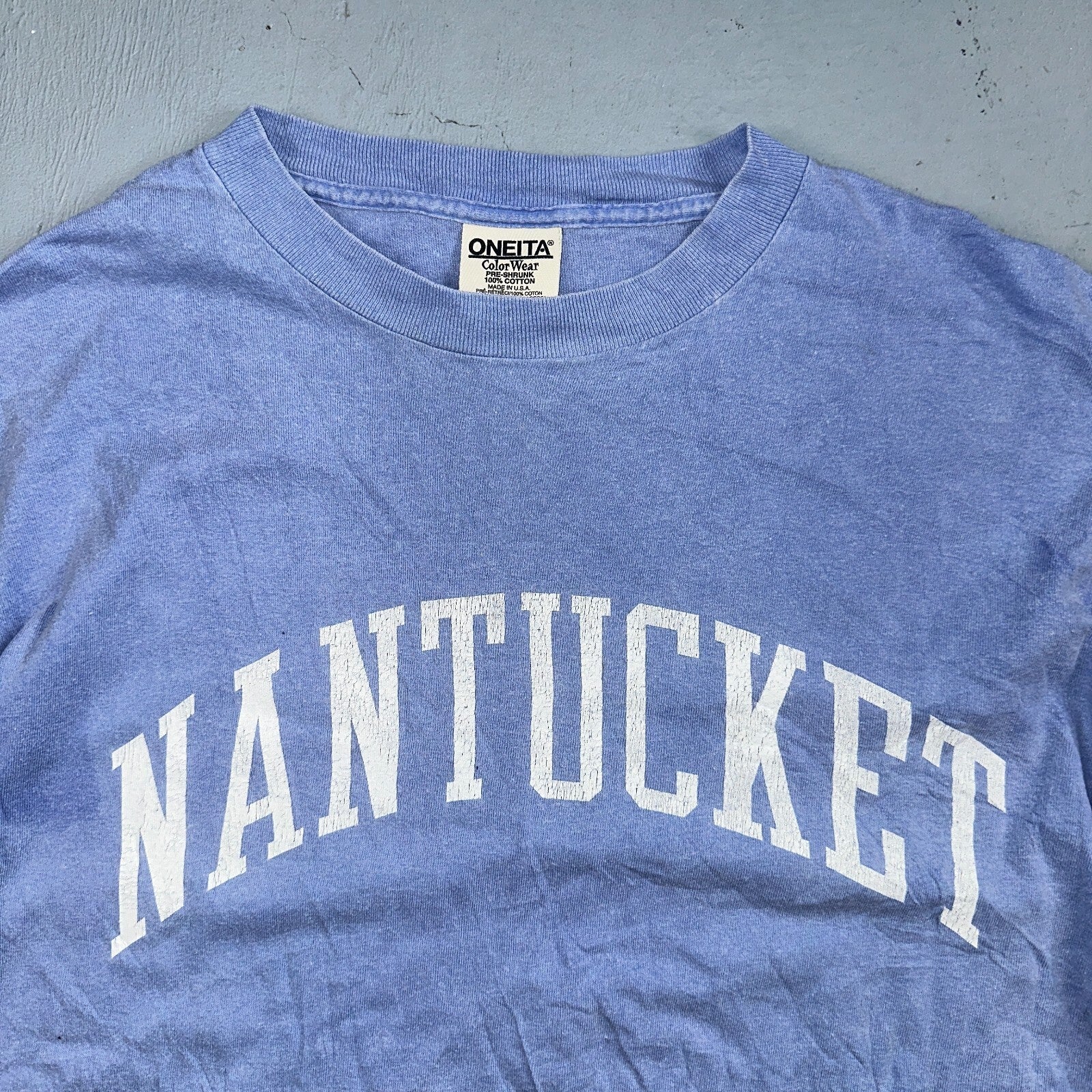 Oneita Nantucket VTG T Shirt USA Boston Simple Script Graphic Logo Light Blue