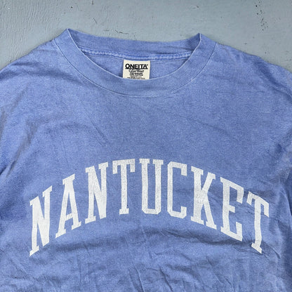 Oneita Nantucket VTG T Shirt USA Boston Simple Script Graphic Logo Light Blue