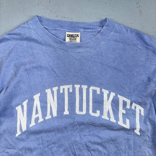 Oneita Nantucket VTG T Shirt USA Boston Simple Script Graphic Logo Light Blue