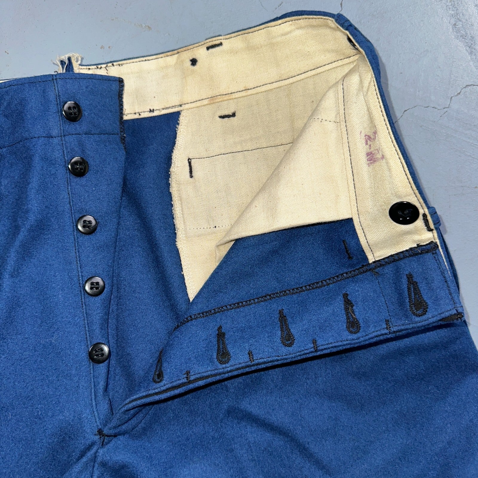 VTG Wool Trousers Pants Sz 31x31 1940s WWII Button Fly Wide Leg Dress Suit Blue