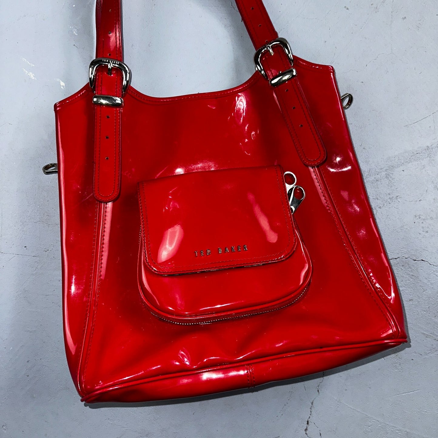 Ted Baker Red Patent Leather Quilted Large Stitch Tote Bag Purse Statement Y2K