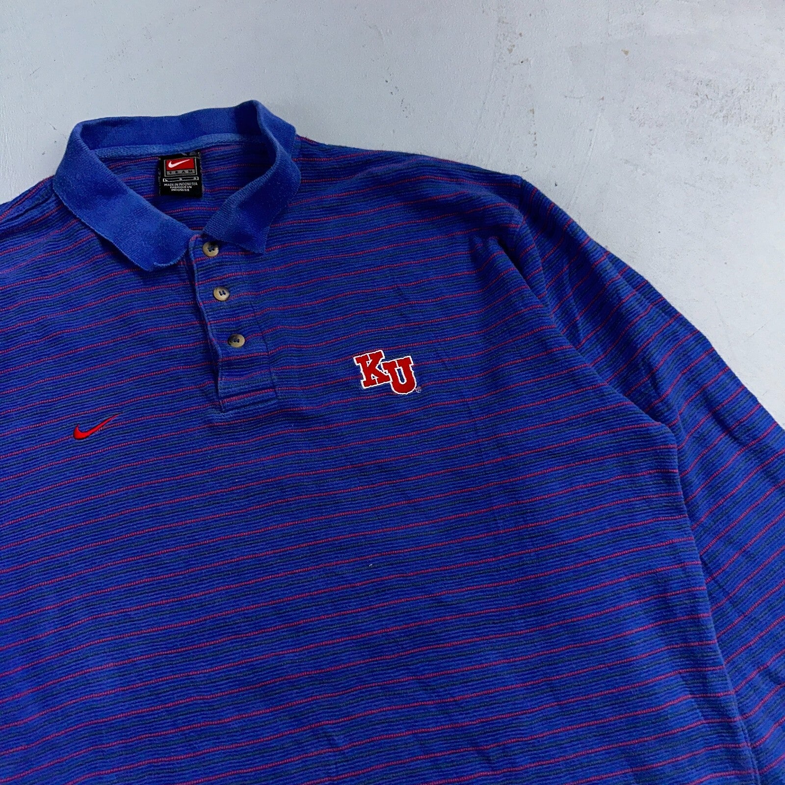 Nike VTG 90s Kansas University Polo T Shirt L Team Long Sleeve Striped Jayhawks