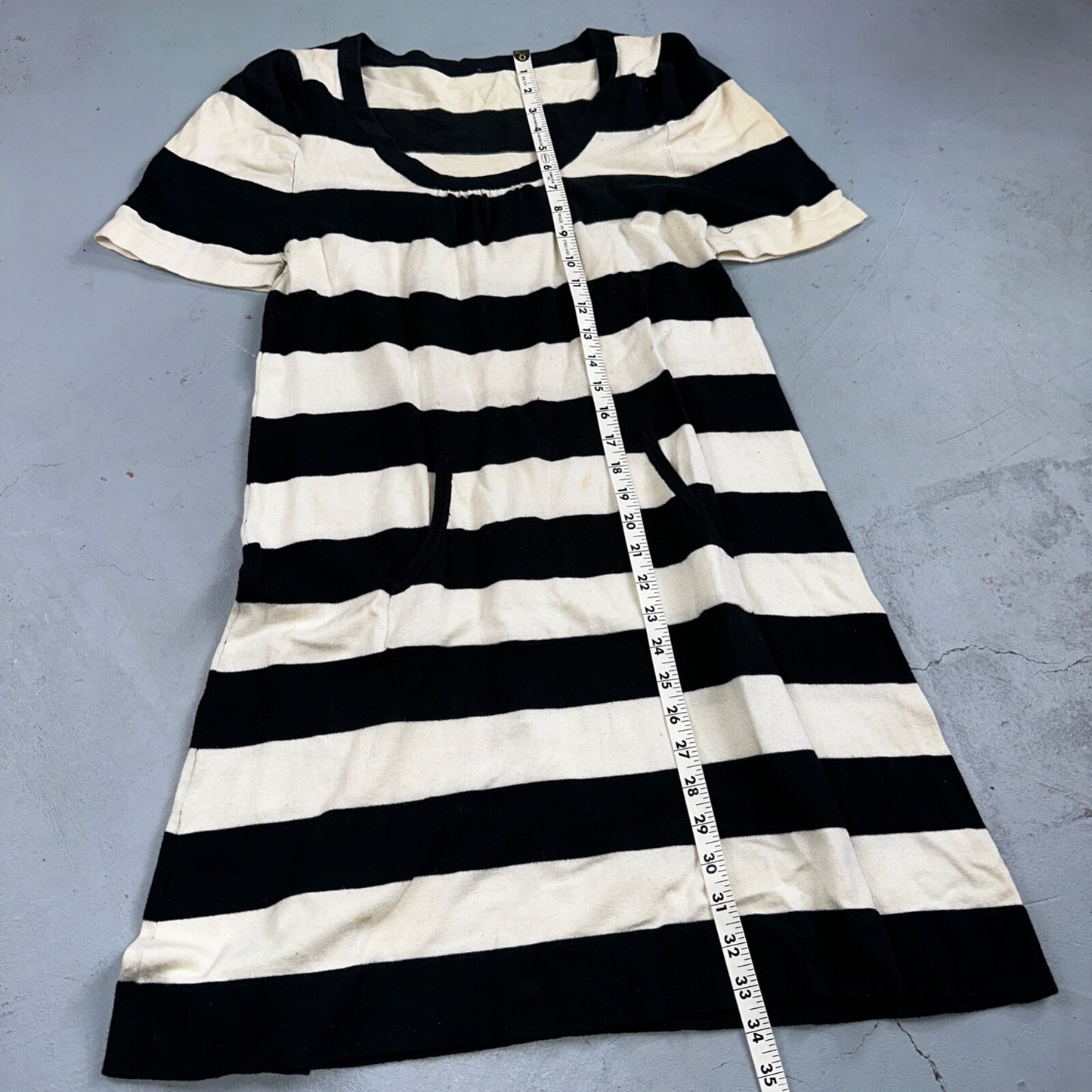 Black White Striped Midi Sweater Dress Round Neck Vintage Y2K Cool Pocket Front