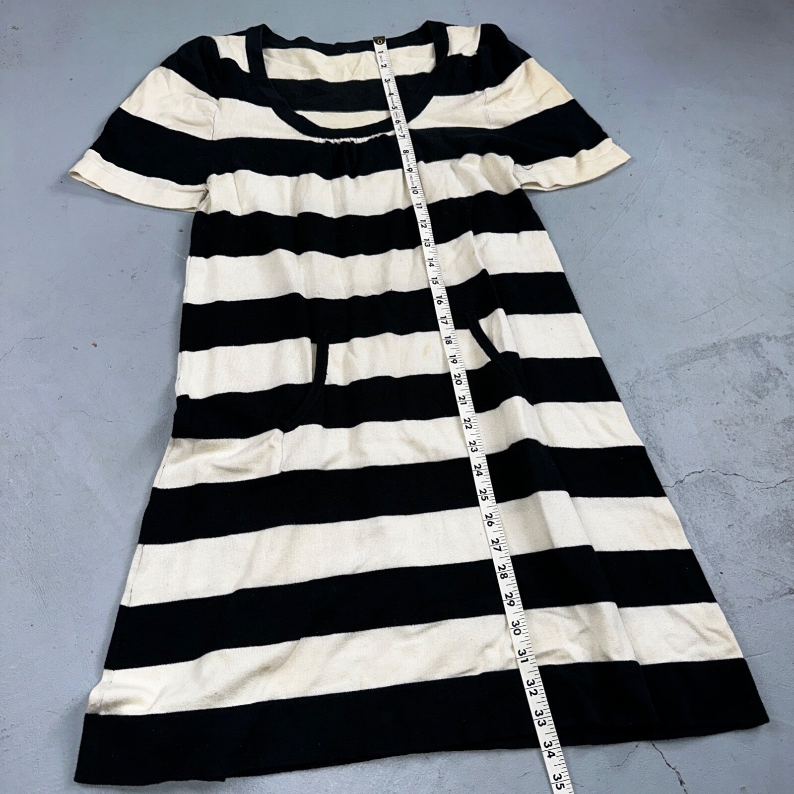 Black White Striped Midi Sweater Dress Round Neck Vintage Y2K Cool Pocket Front