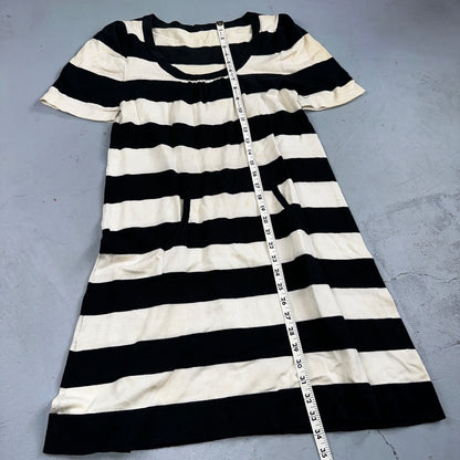 Black White Striped Midi Sweater Dress Round Neck Vintage Y2K Cool Pocket Front