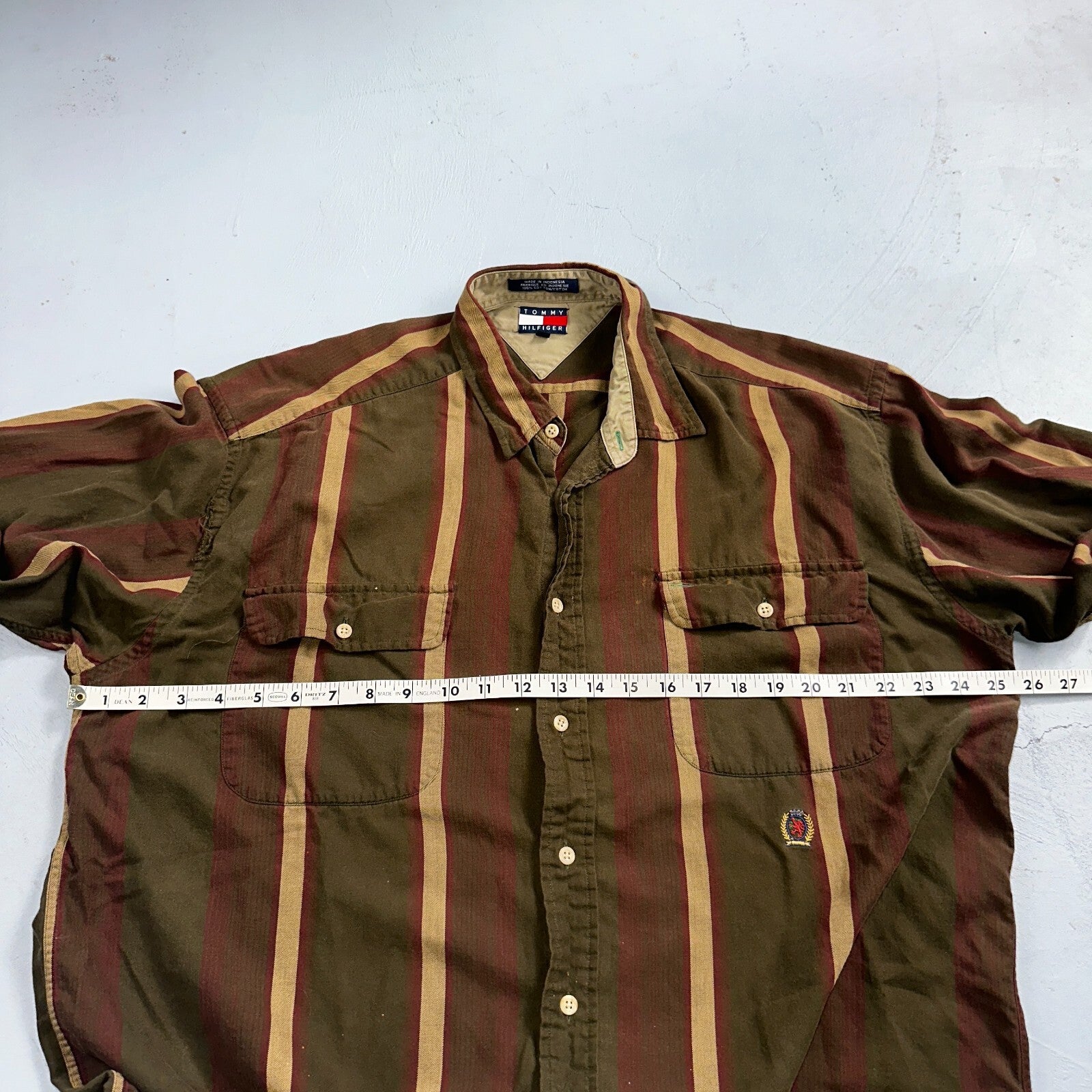 Tommy Hilfiger Mens Striped Shirt Vintage 90s Crest & Long Sleeves XL Has Holes