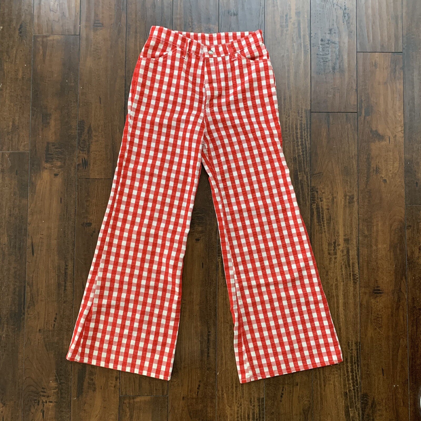 Vintage Levis 60s Big E Flare Red Pants Denim Jeans Boot Cut 517 Checkerboard