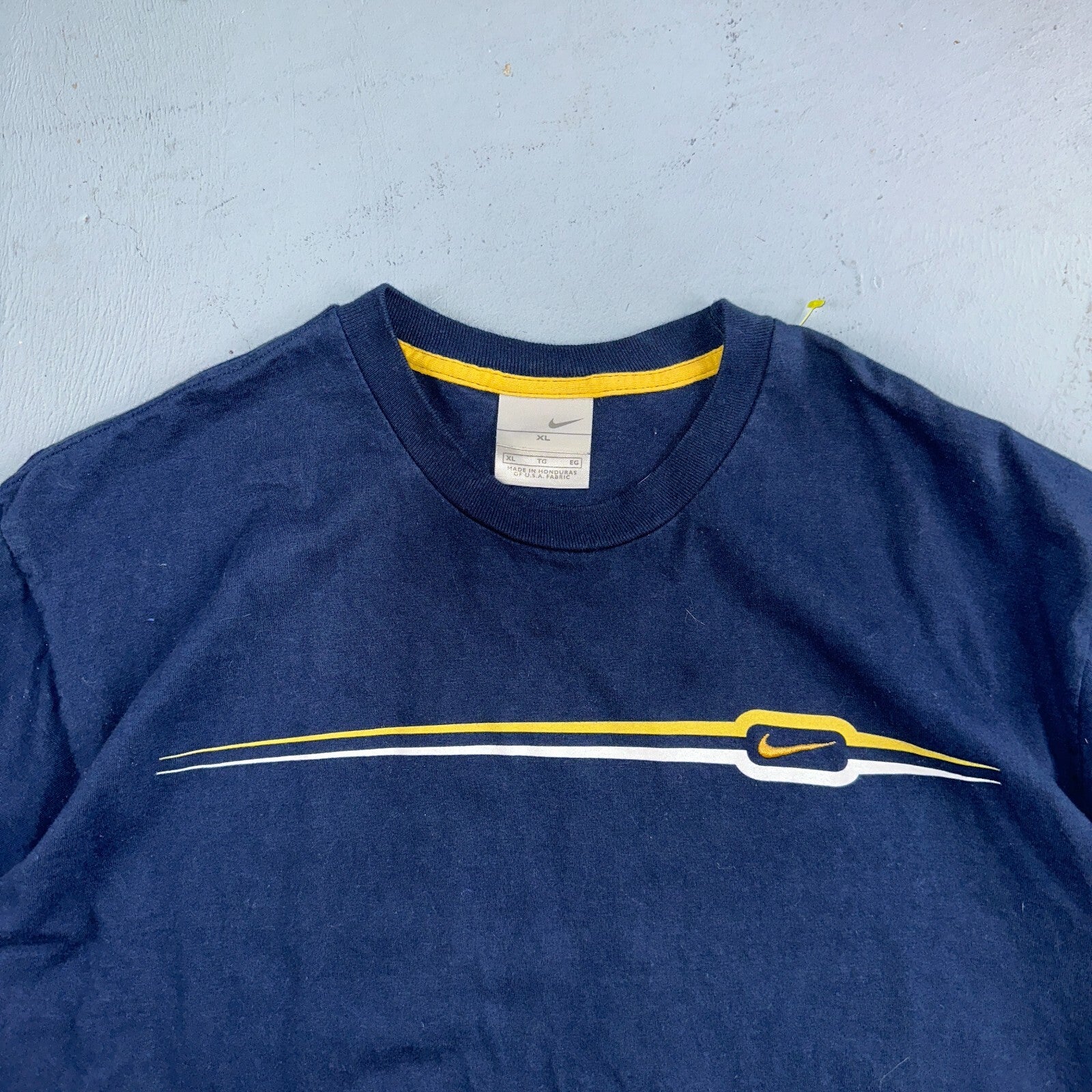 Nike Striped Y2K VTG T Shirt 2000s Navy Blue Air Max Promo Tee XL Yellow Stitch