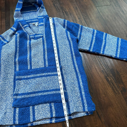 VTG Mexican Poncho Baja Hoodie Surfer Skater Drug Rug Pullover Blue White L