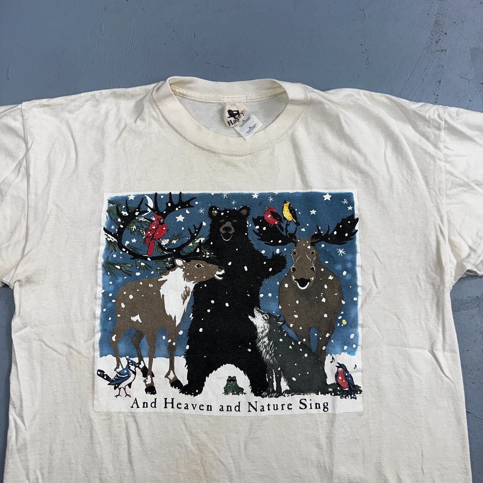 Animals Bear Moose Deer VTG T Shirt Heaven Nature Sing Family Christmas Hatley