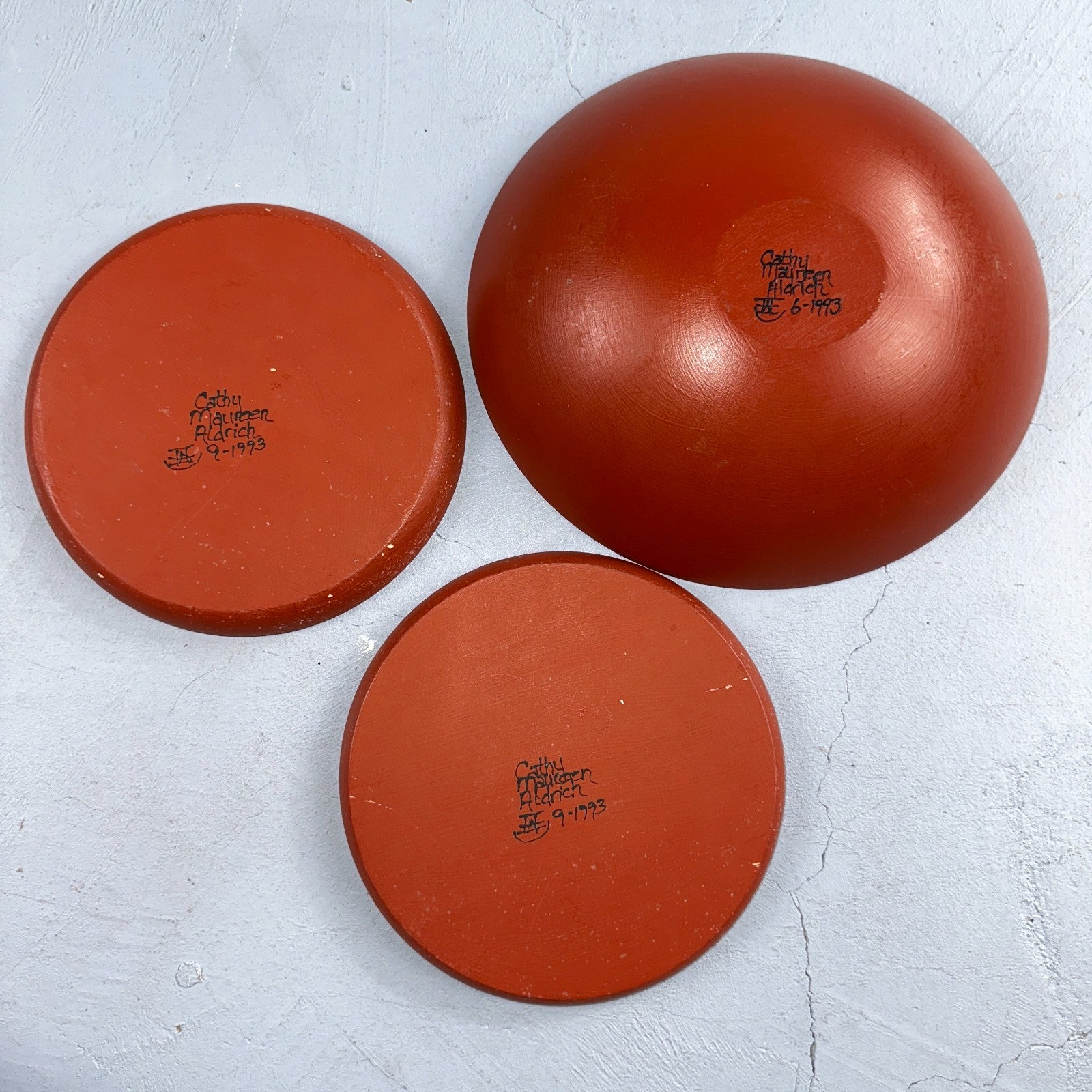 1993 Signed Studio Pottery Plate Bowl Set Cathy Maureen Aldrich Red Wood Art 90s
