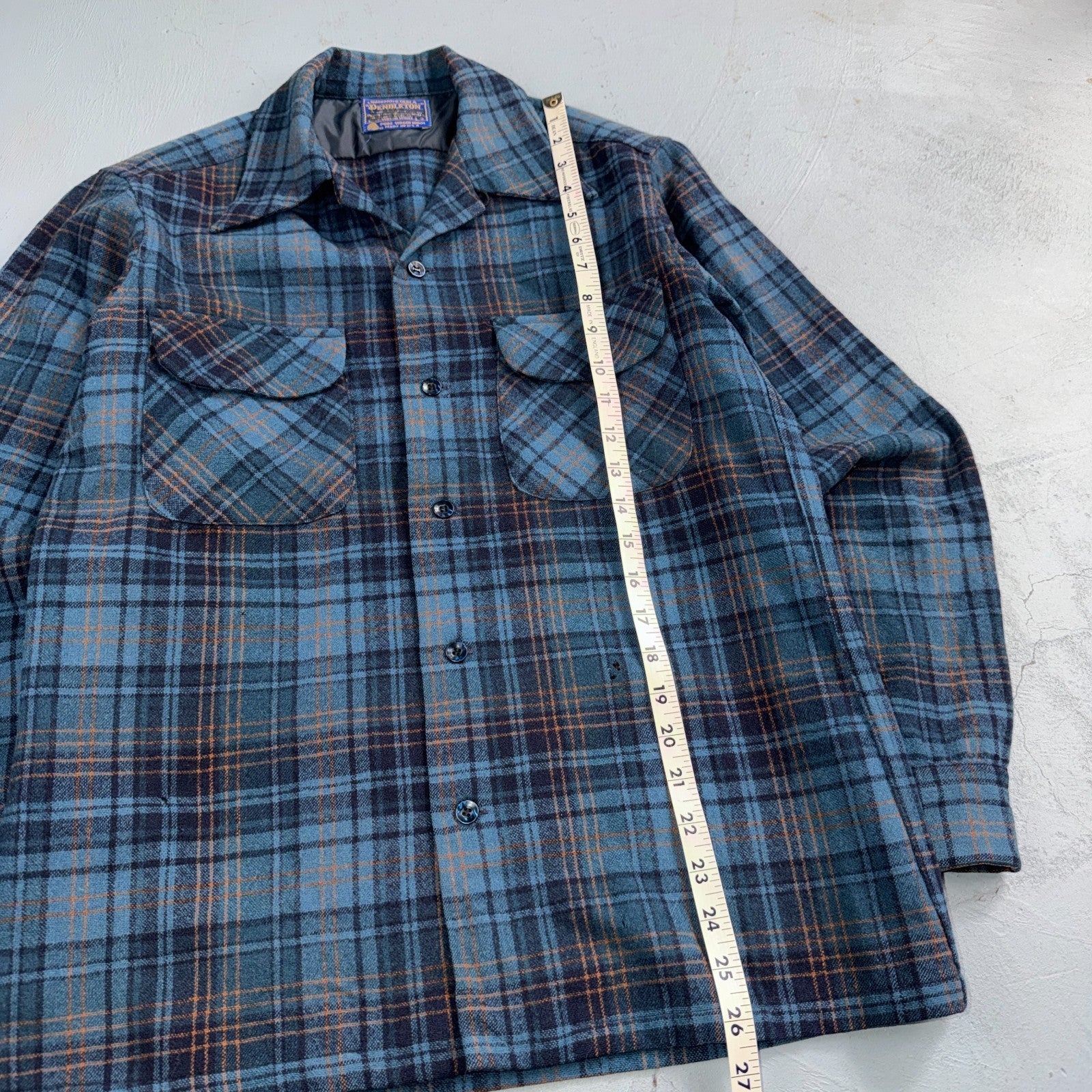 Pendleton Board Shirt Mens S 1960s Plaid Wool Long Sleeve VTG USA Loop Collar