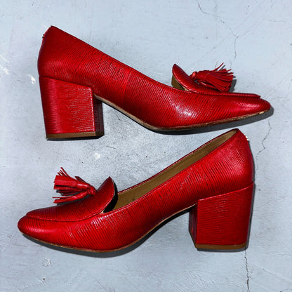 Tory Burch Kira Embossed Leather Red Tasseled Pumps Women Sz 9 Gold Charm