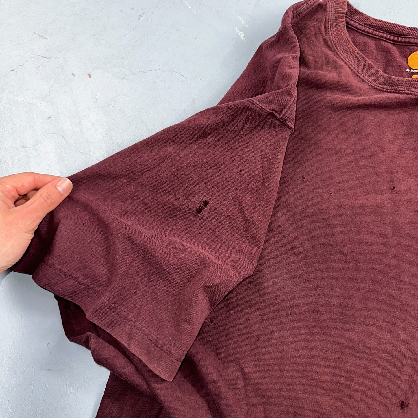 Carhartt K87 PRT Fit Pocket T-Shirt Mens 2XL Maroon Purple Thrashed Holes Worn