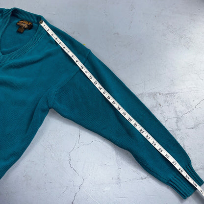 Vintage Eddie Bauer Sweater Mens Large Teal V Neck Pullover Cotton Casual Adult
