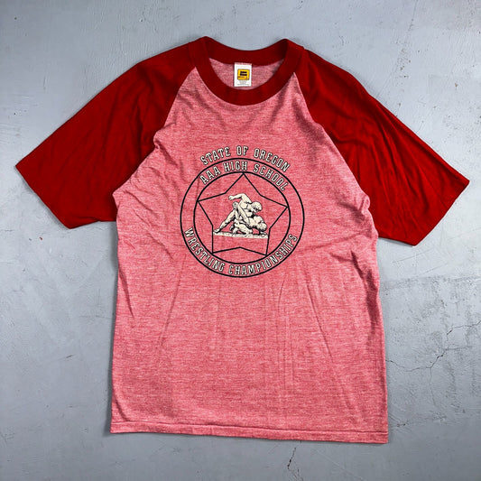 Oregon Champion Wrestling Red VTG T Shirt Raglan Single Stitch High School 80s