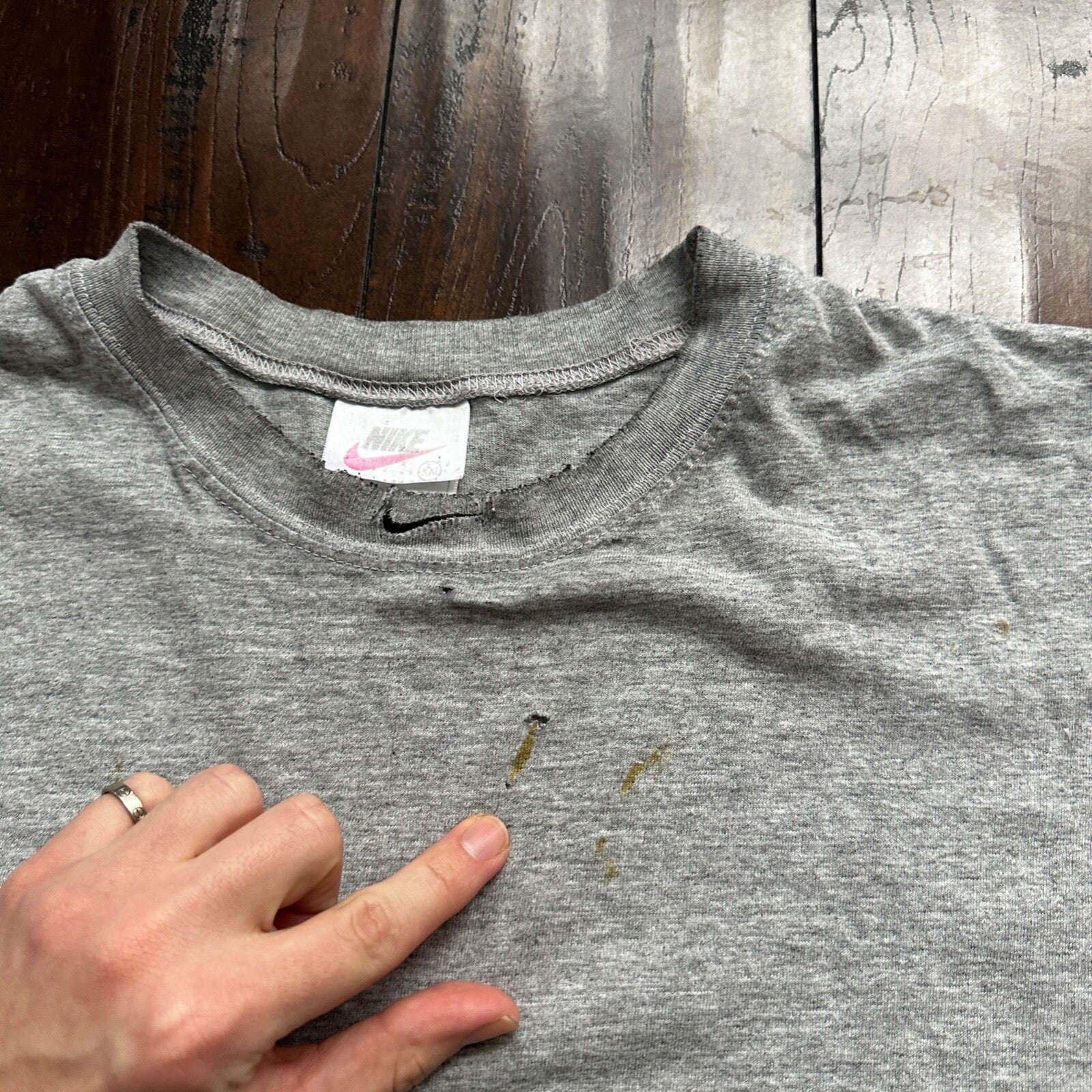 Nike Trashed Center Swoosh Vintage T Shirt 90s Basic Grey Gym Rat Stained