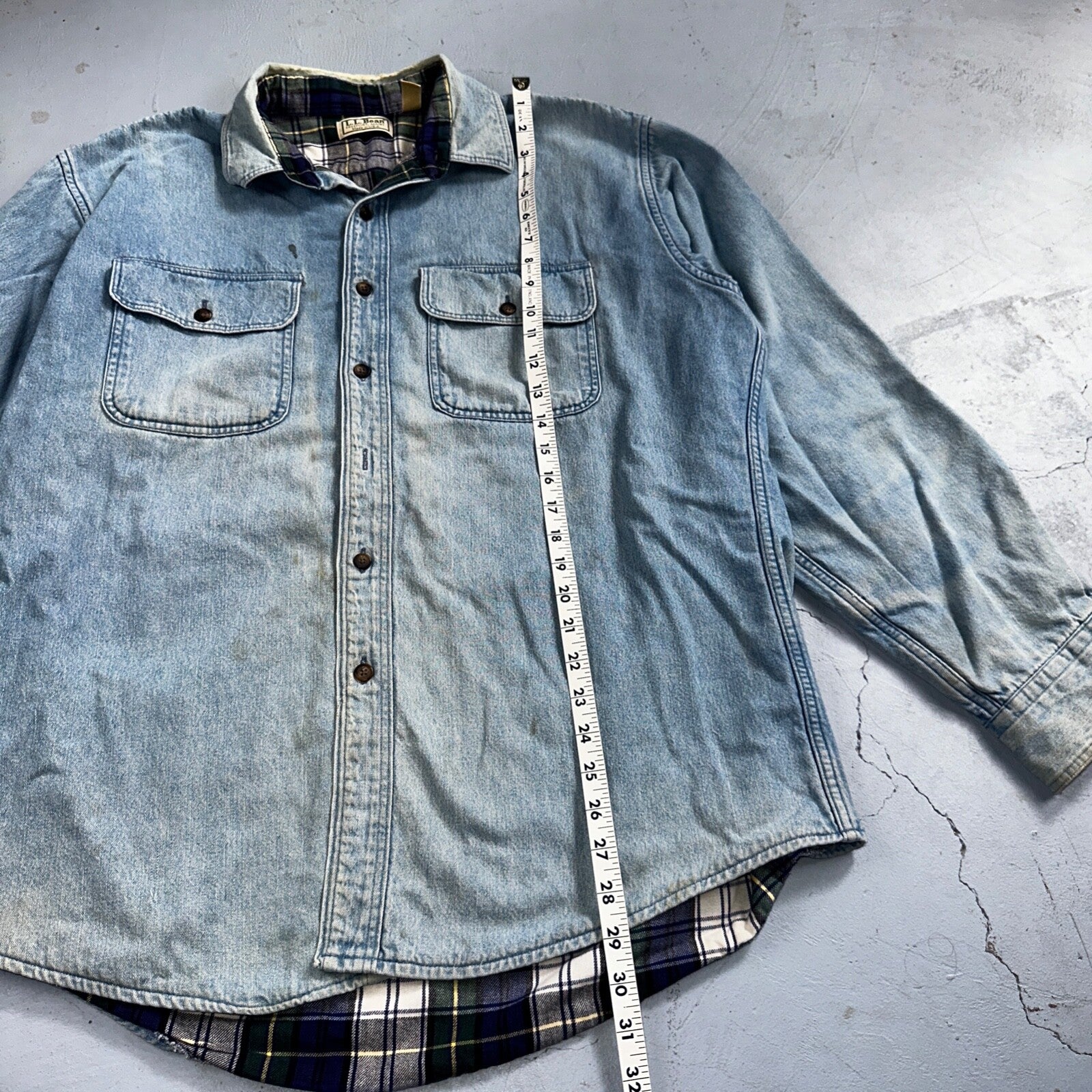 VTG USA Made LL Bean Flannel Lined Worn Distressed Denim Shirt Size L Farm Core
