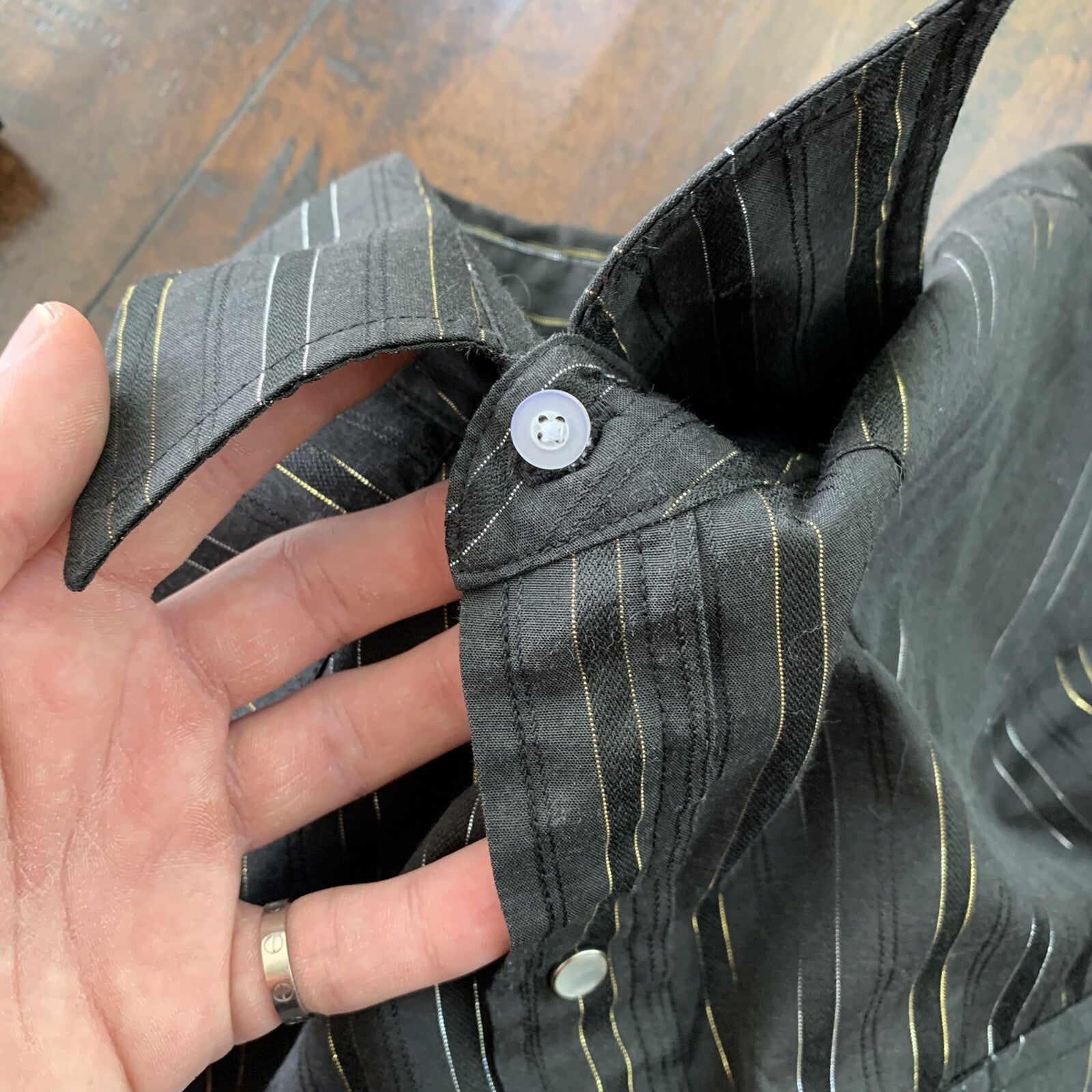 Vintage 60s Ely Cattleman Pearl Snap M Western Shirt Black Silver Gold 70s True