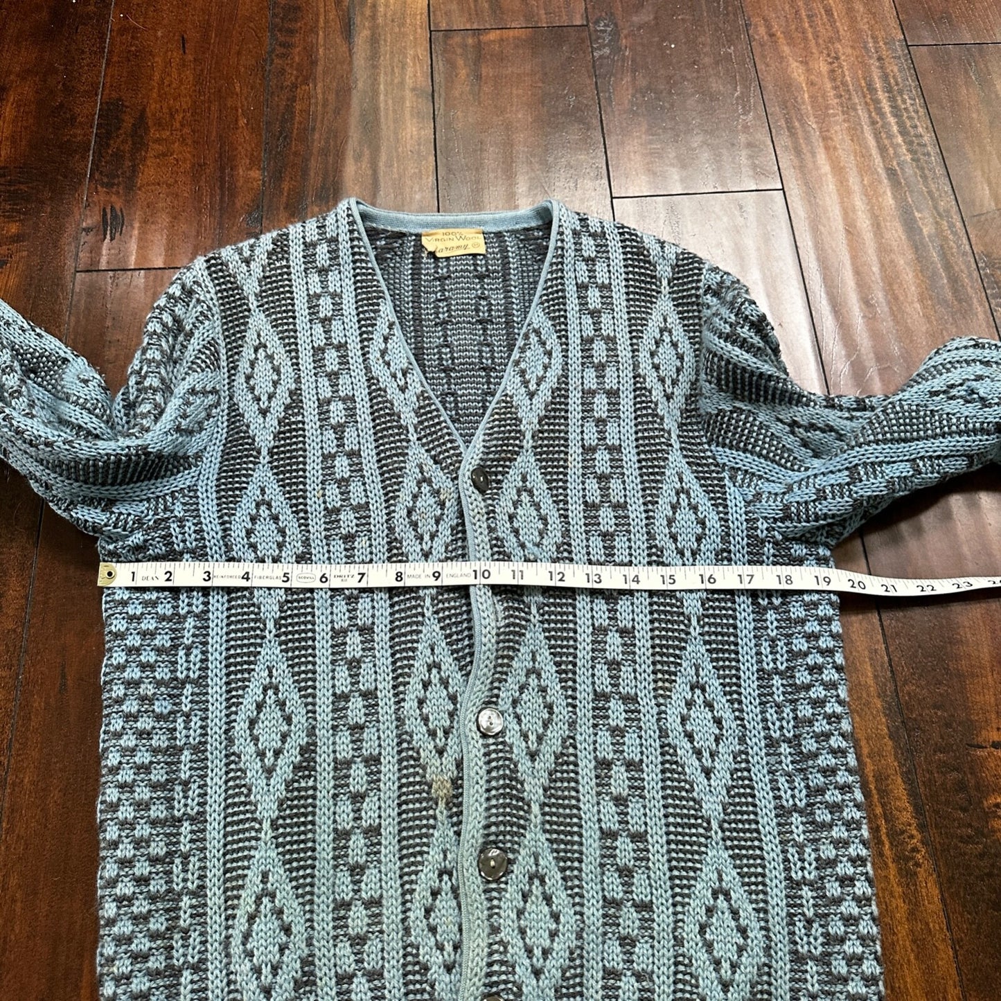 VTG RARE Caramy Cardigan Mens M Blue 1970s Corduroy Wool Button Up Aztec