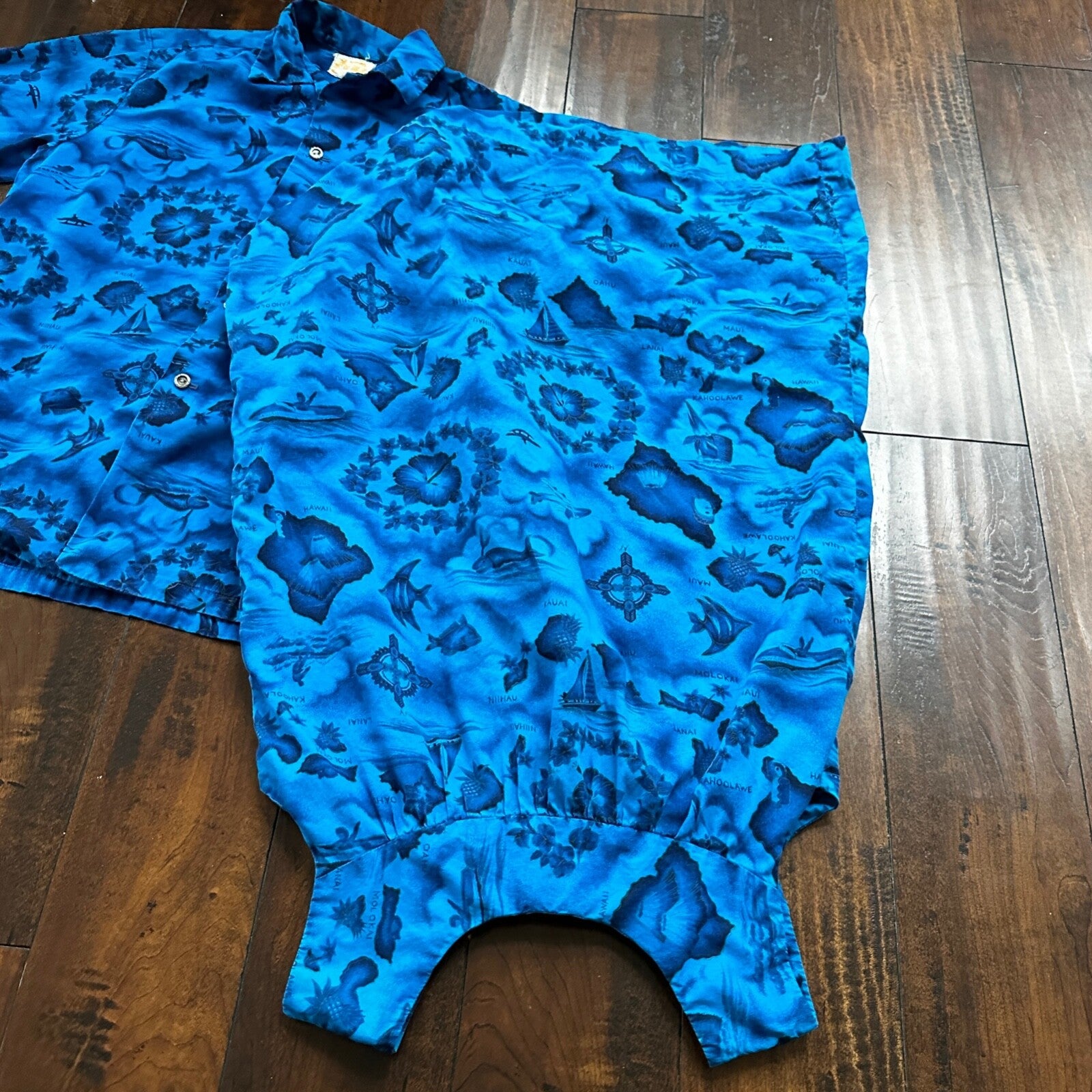 Ui-Maikai Vintage 1960s Barkcloth Blue Hibiscus Dress And Shirt Rockabilly Rare