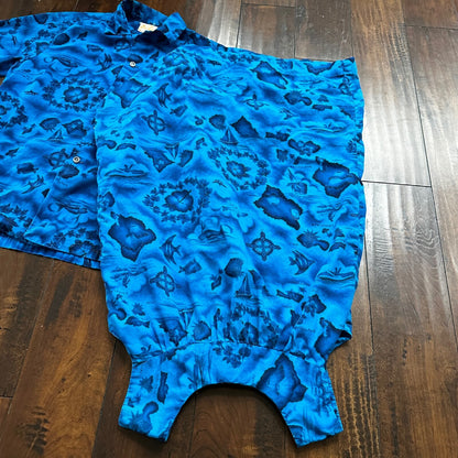 Ui-Maikai Vintage 1960s Barkcloth Blue Hibiscus Dress And Shirt Rockabilly Rare