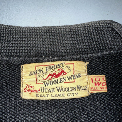 VTG Jack Frost 40s Wool Varsity Sweater Cardigan Indian Black E Evans Letterman
